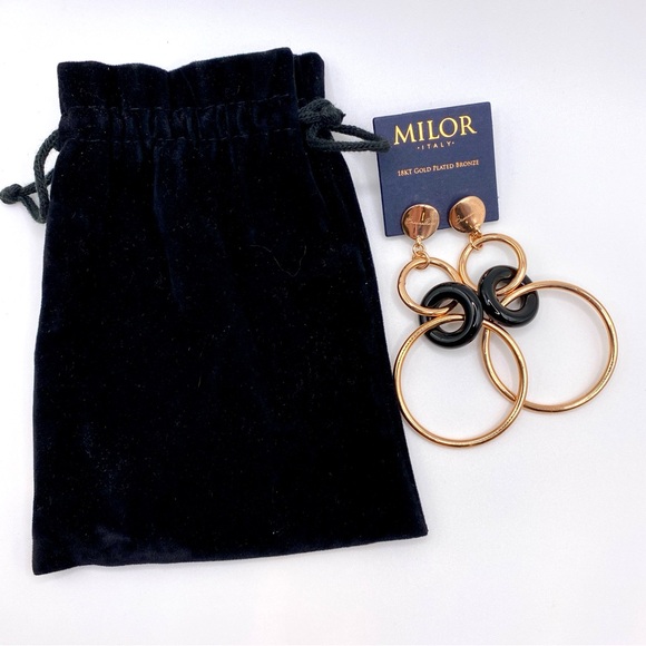 🆕 18kt Rose Gold Earrings Bronzallure & Onyx 3” Dangly Circle Hoop, MILOR ITALY - Picture 12 of 13